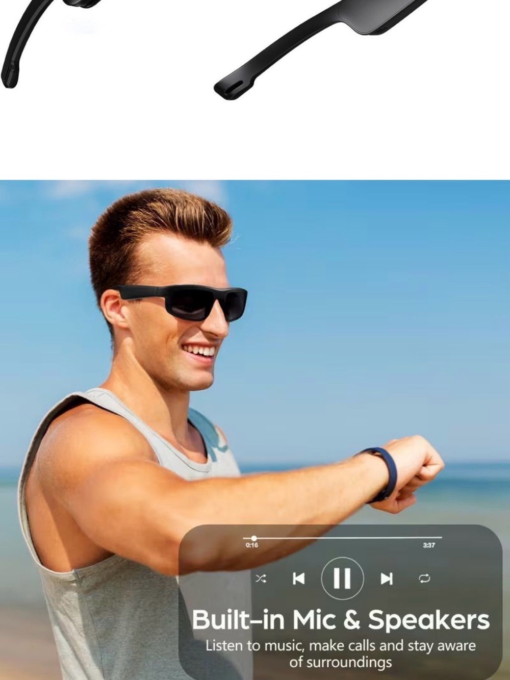 Wireless Audio Shades — Black Sunglasses with Built-in Mic & Speakers​